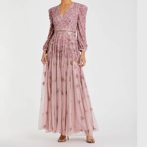 MAC DUGGAL Embellished V Neck 3/4 Sleeve A Line Gown